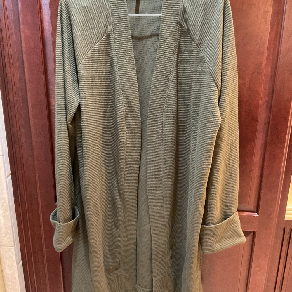 Three Dots Olive Waffle-Knit Open long Cardigan